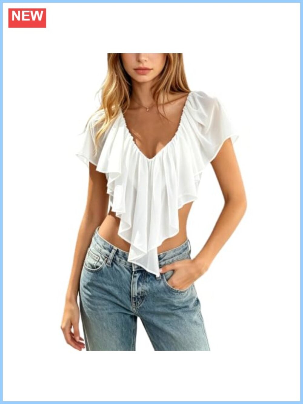 Women Boho Sheer Mesh Ruffle Crop Top V Neck Y2K Blouse